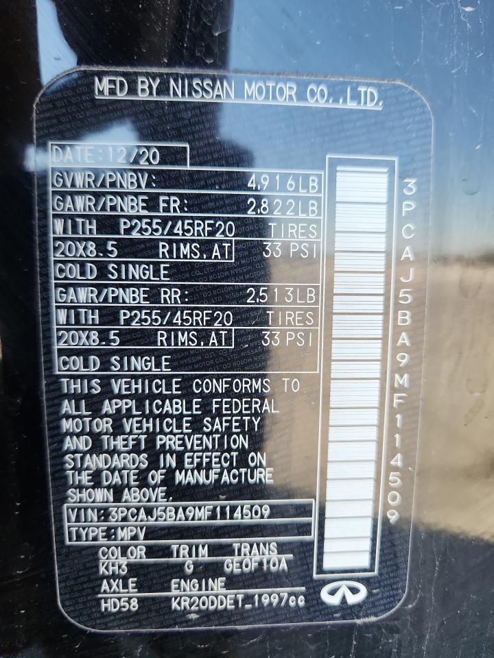 2021 Infiniti Qx50 Luxe VIN: 3PCAJ5BA9MF114509 Lot: 86702505