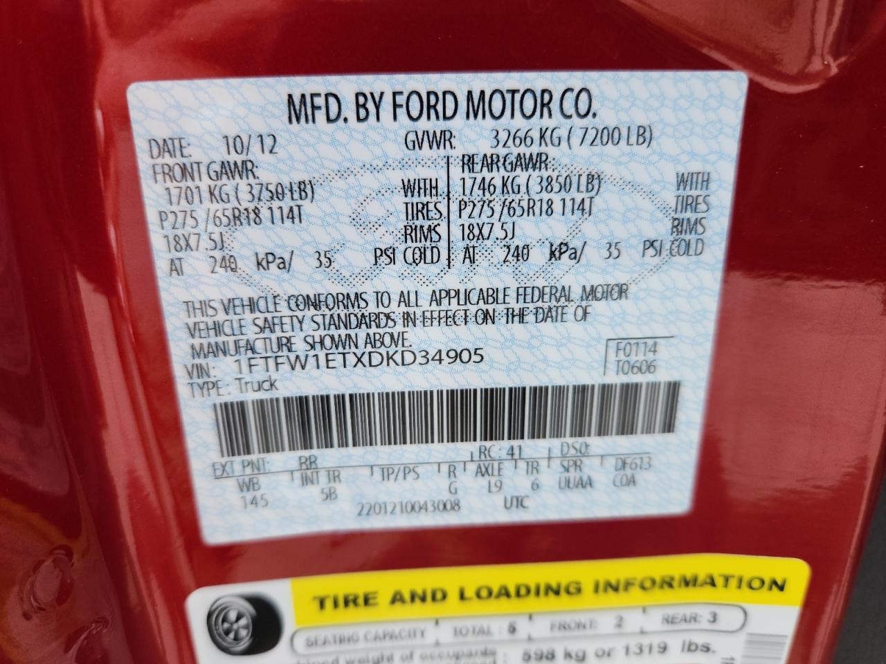 2013 Ford F150 Supercrew VIN: 1FTFW1ETXDKD34905 Lot: 85285335