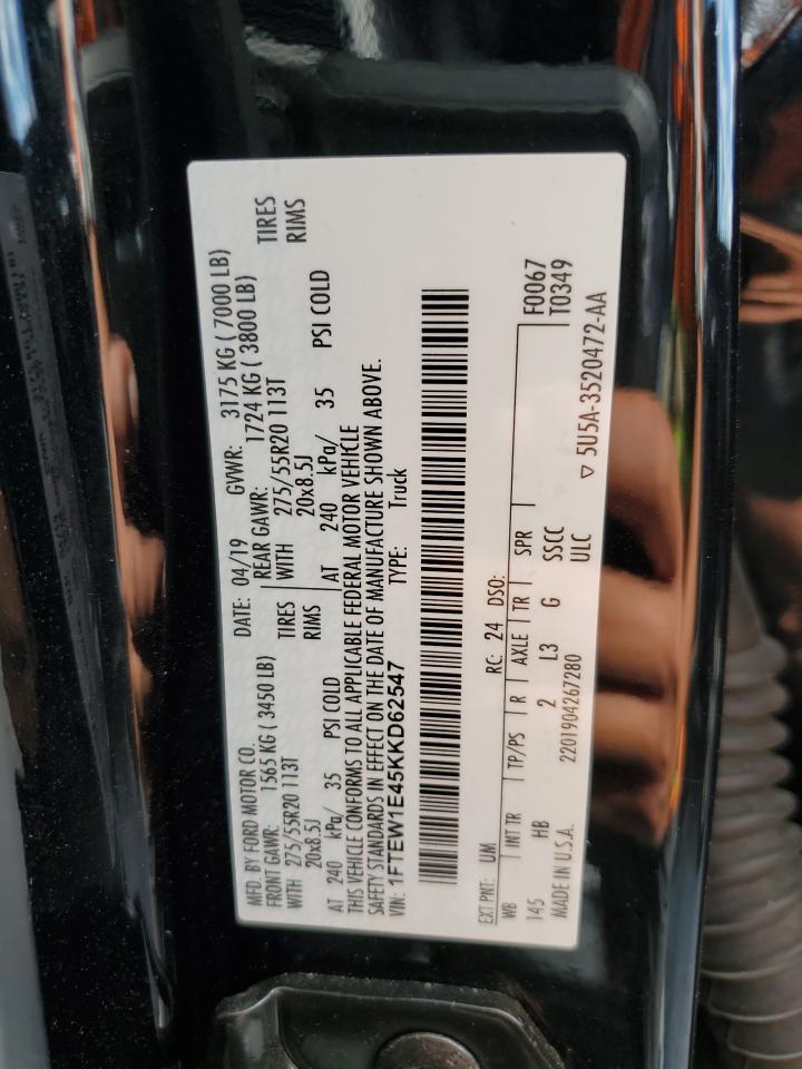 2019 Ford F150 Supercrew VIN: 1FTEW1E45KKD62547 Lot: 82201475