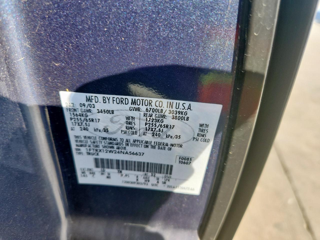 2004 Ford F150 VIN: 1FTRX12W24NA56637 Lot: 85576955