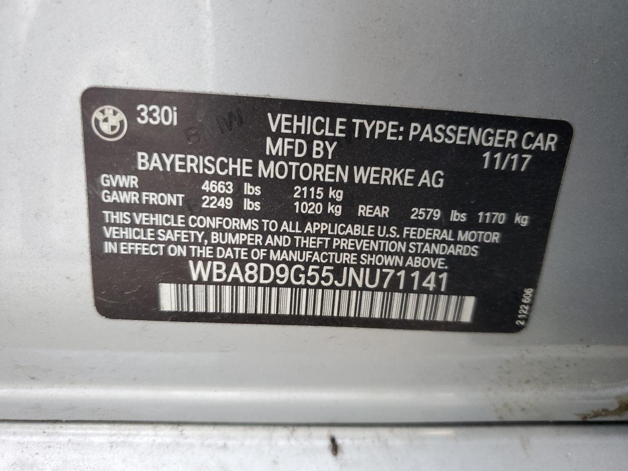 2018 BMW 330 Xi VIN: WBA8D9G55JNU71141 Lot: 84186025
