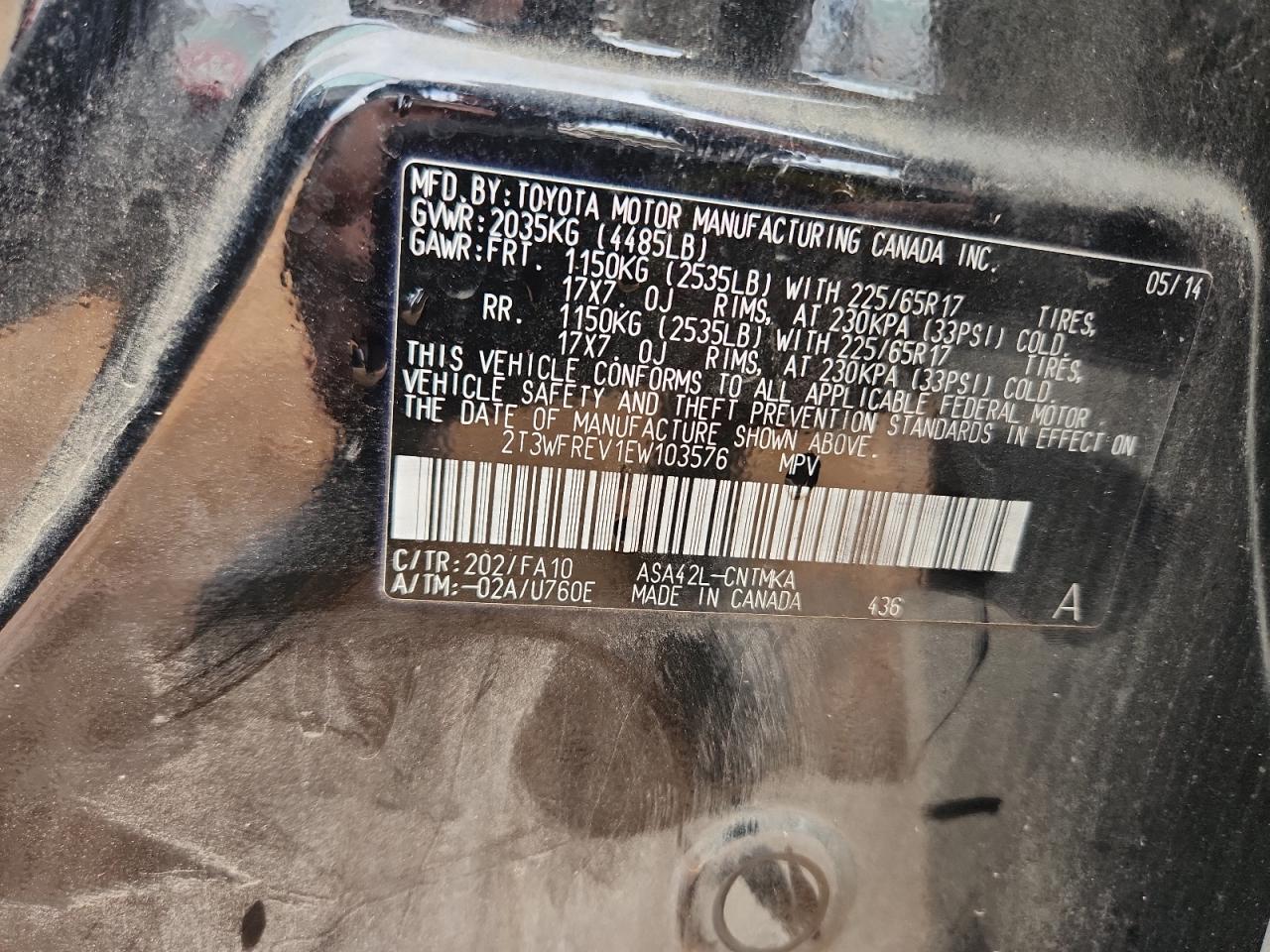 2014 Toyota Rav4 Xle VIN: 2T3WFREV1EW103576 Lot: 85391375