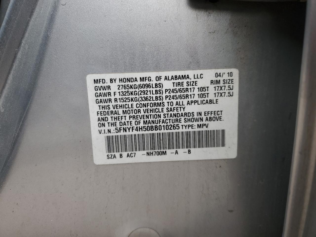 2011 Honda Pilot Exl VIN: 5FNYF4H50BB010265 Lot: 86593765