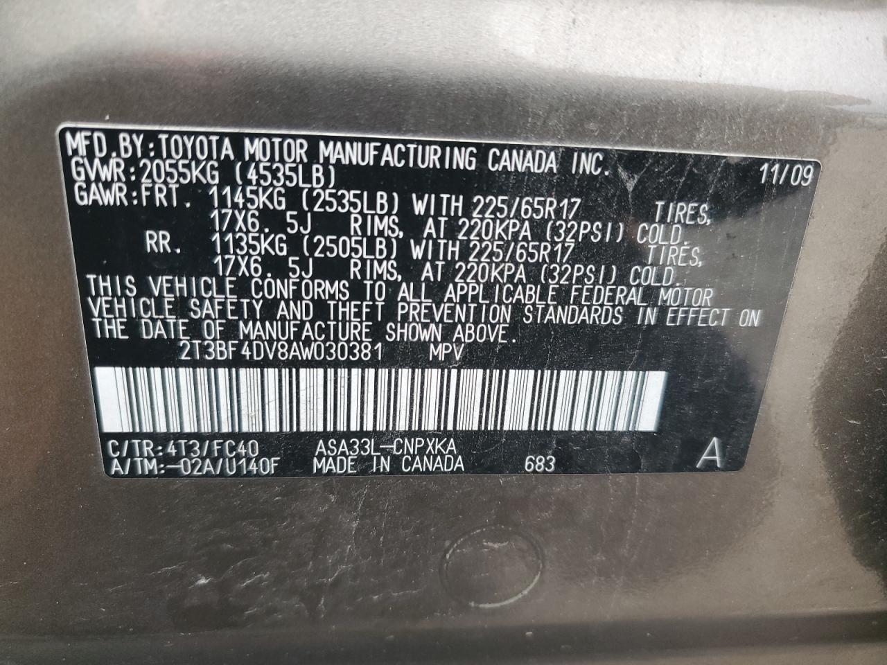 2010 Toyota Rav4 VIN: 2T3BF4DV8AW030381 Lot: 90092865