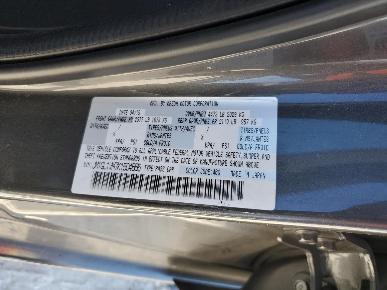 2019 Mazda 6 Touring VIN: JM1GL1VM7K1504565 Lot: 85150475