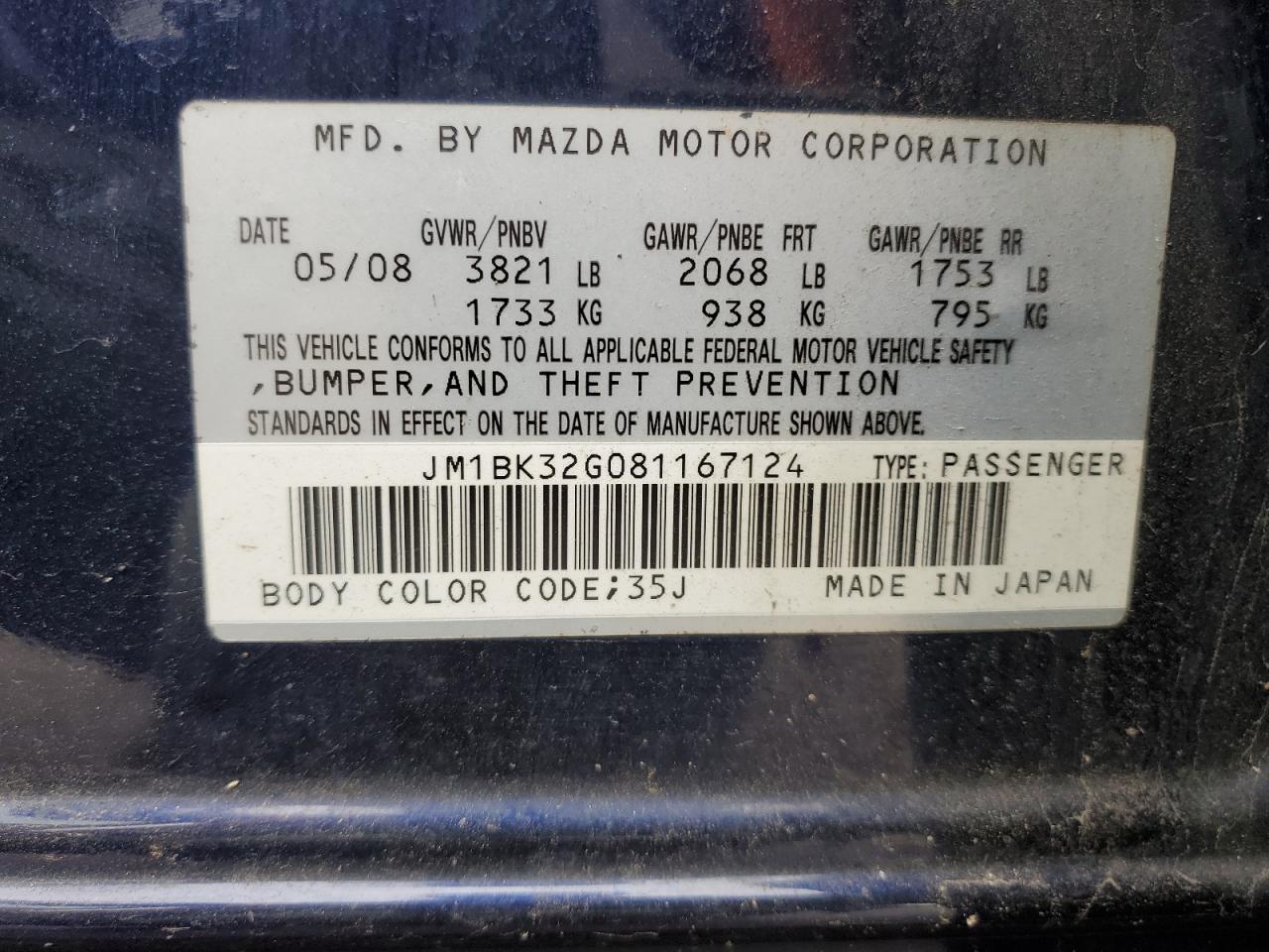 2008 Mazda 3 I VIN: JM1BK32G081167124 Lot: 90221425