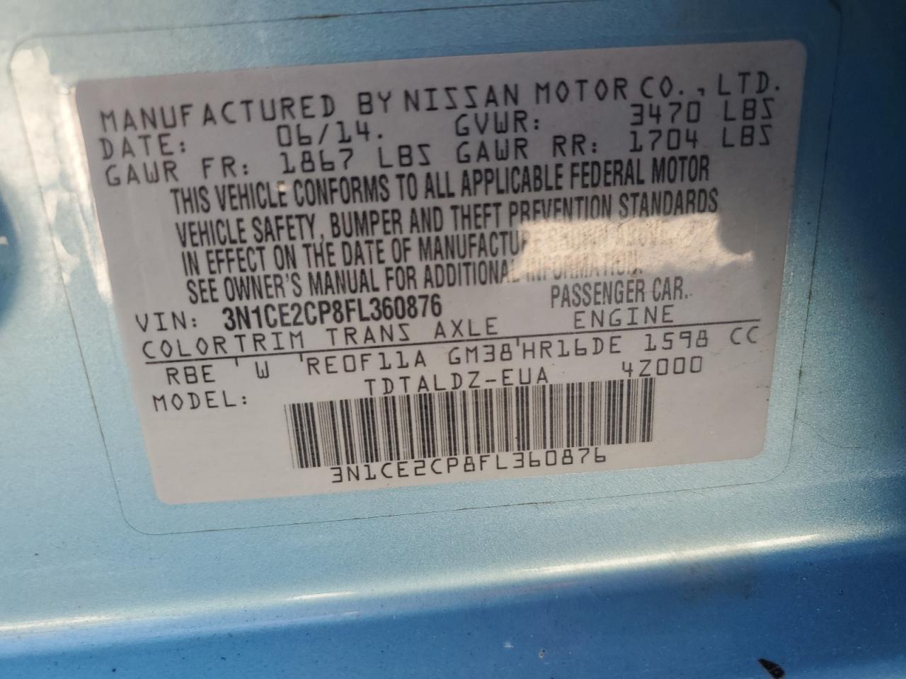 2015 Nissan Versa Note S VIN: 3N1CE2CP8FL360876 Lot: 84792825