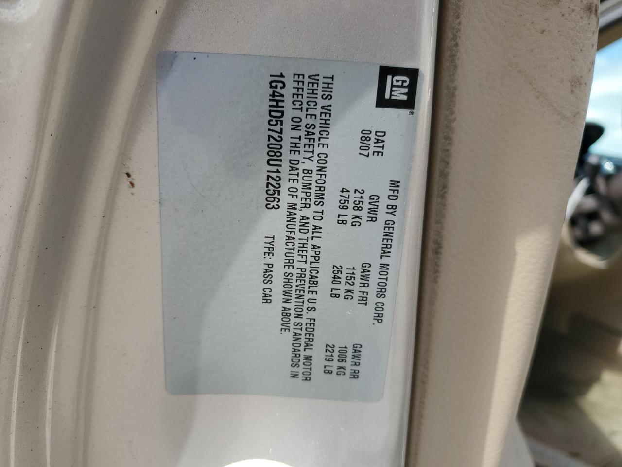 2008 Buick Lucerne Cxl VIN: 1G4HD57208U122563 Lot: 90703515