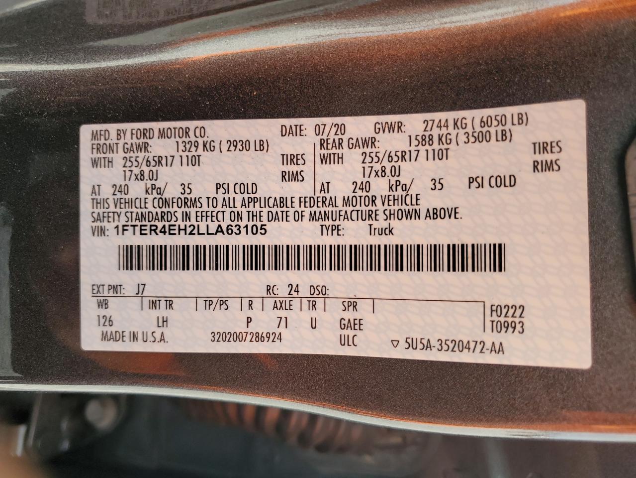 2020 Ford Ranger Xl VIN: 1FTER4EH2LLA63105 Lot: 81408855