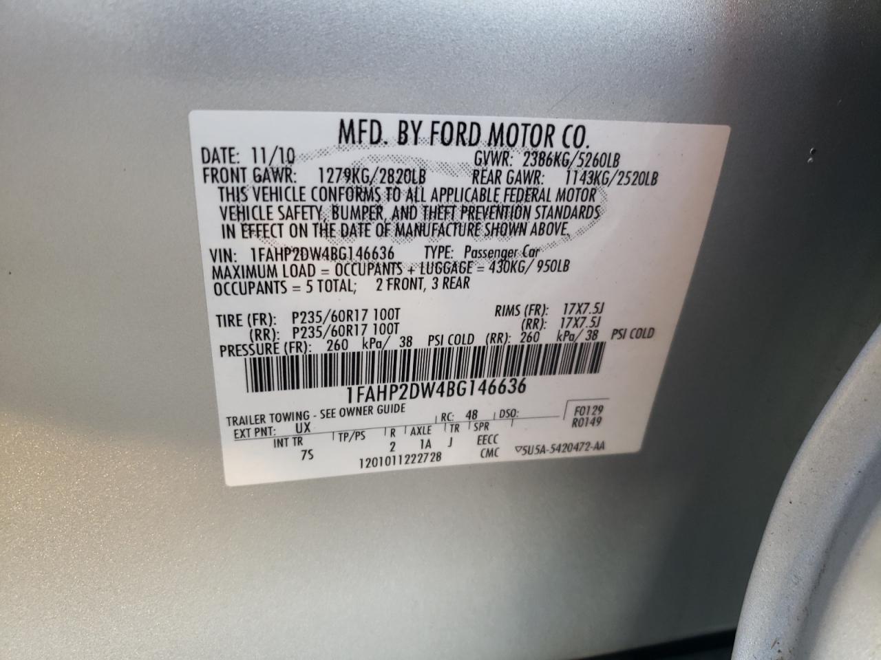 2011 Ford Taurus Se VIN: 1FAHP2DW4BG146636 Lot: 89616405