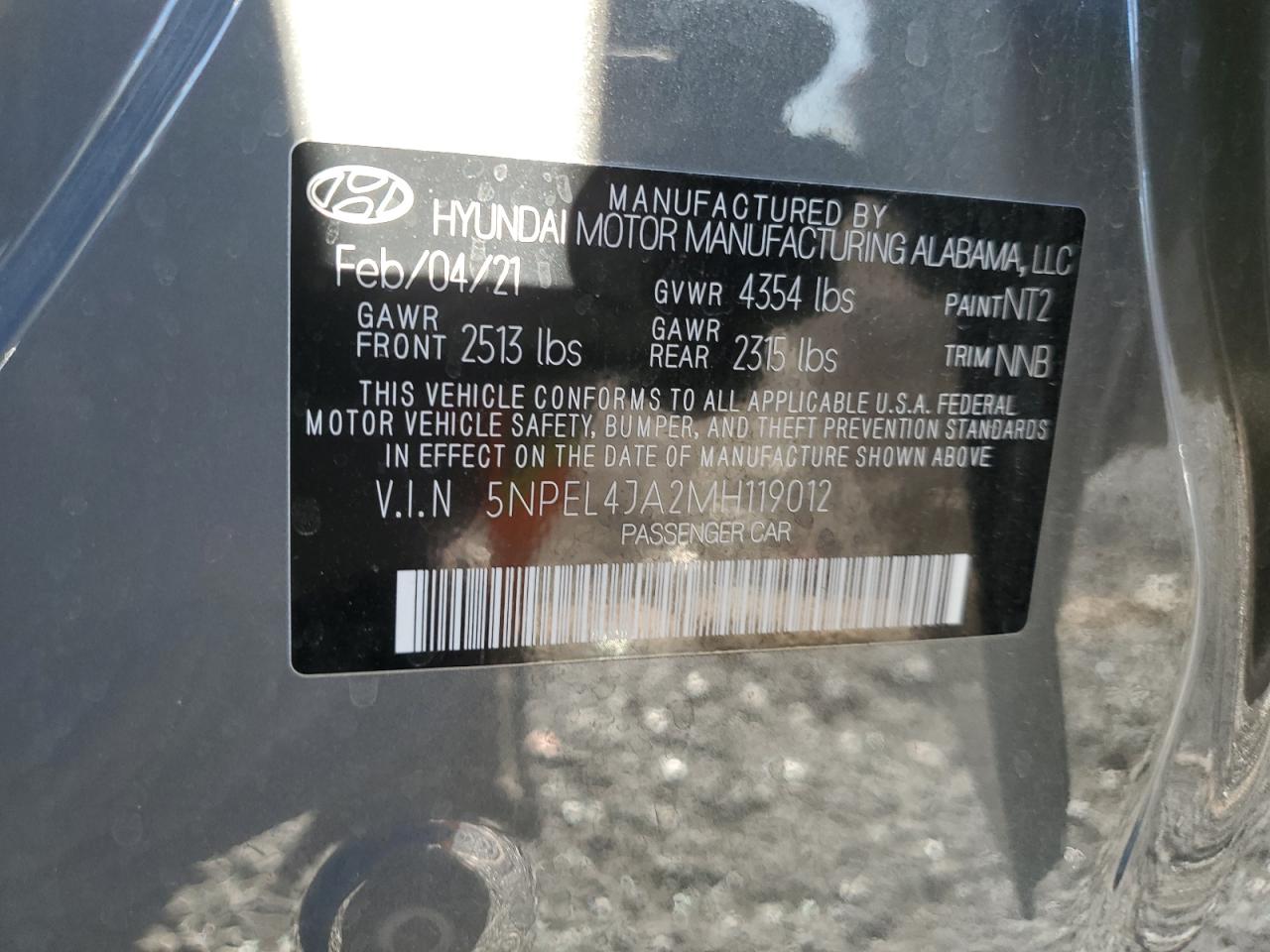 2021 Hyundai Sonata Sel VIN: 5NPEL4JA2MH119012 Lot: 85010585