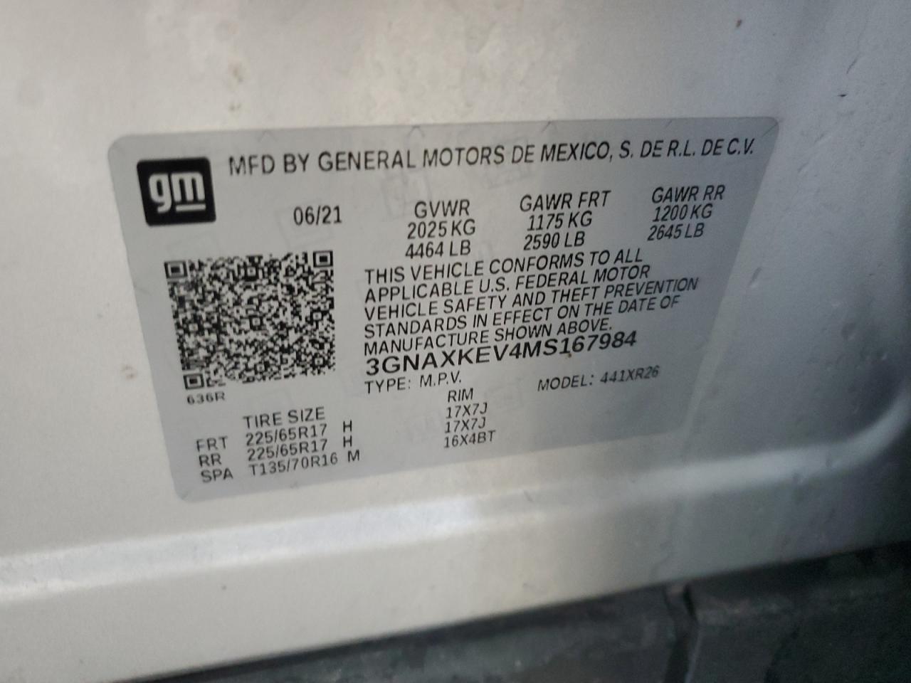 2021 Chevrolet Equinox Lt VIN: 3GNAXKEV4MS167984 Lot: 84926265