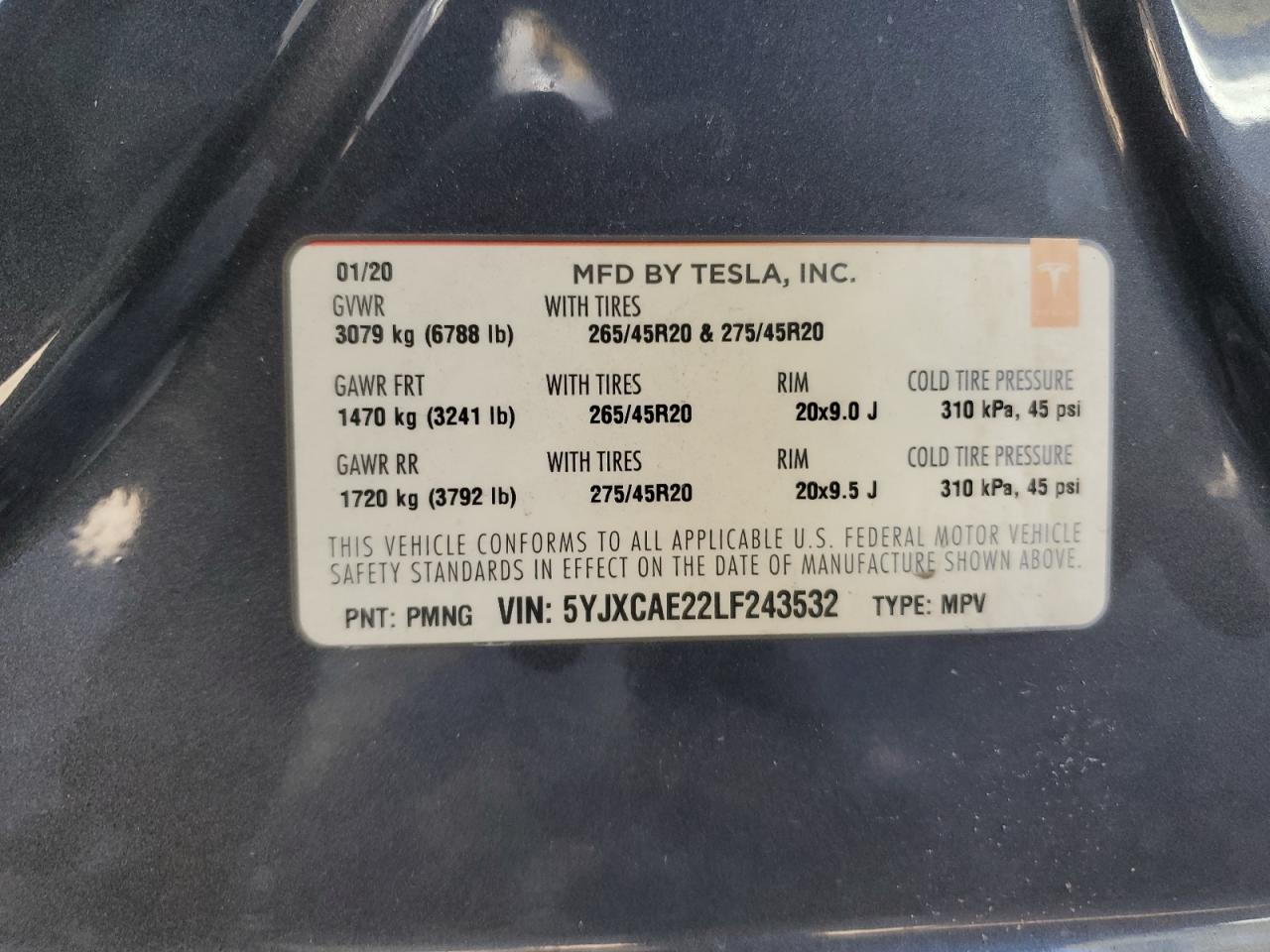 2020 Tesla Model X VIN: 5YJXCAE22LF243532 Lot: 87010305