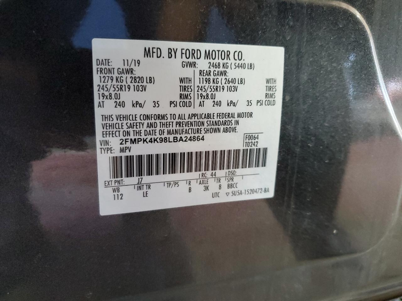 2020 Ford Edge Titanium VIN: 2FMPK4K98LBA24864 Lot: 85292615