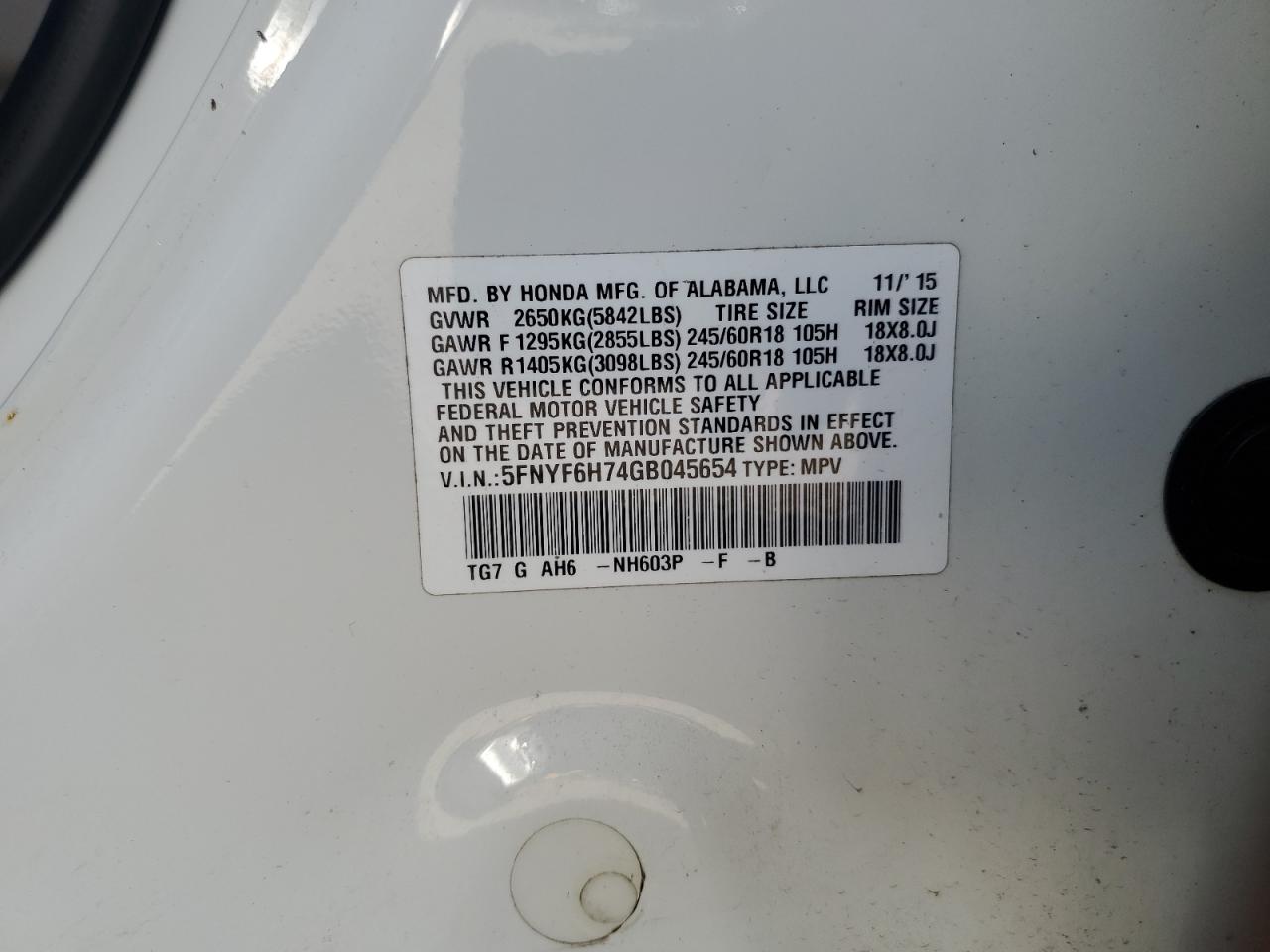 2016 Honda Pilot Exln VIN: 5FNYF6H74GB045654 Lot: 89538745