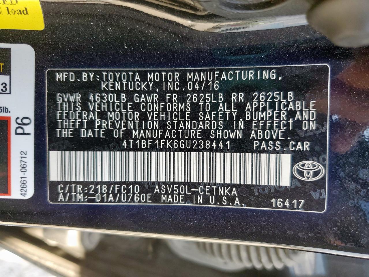 2016 Toyota Camry Le VIN: 4T1BF1FK6GU238441 Lot: 82370665