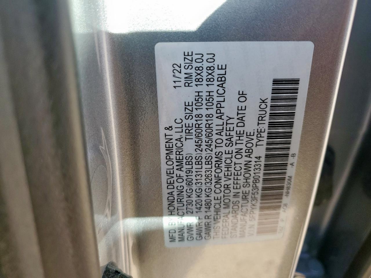 2023 Honda Ridgeline Rtl VIN: 5FPYK3F53PB013314 Lot: 90536655