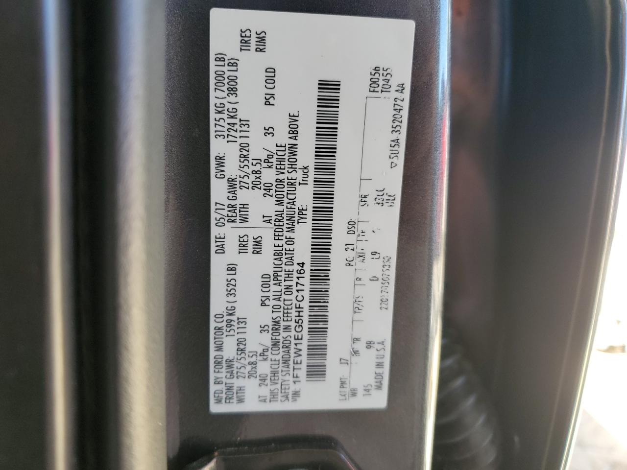 2017 Ford F150 Supercrew VIN: 1FTEW1EG5HFC17164 Lot: 82643895