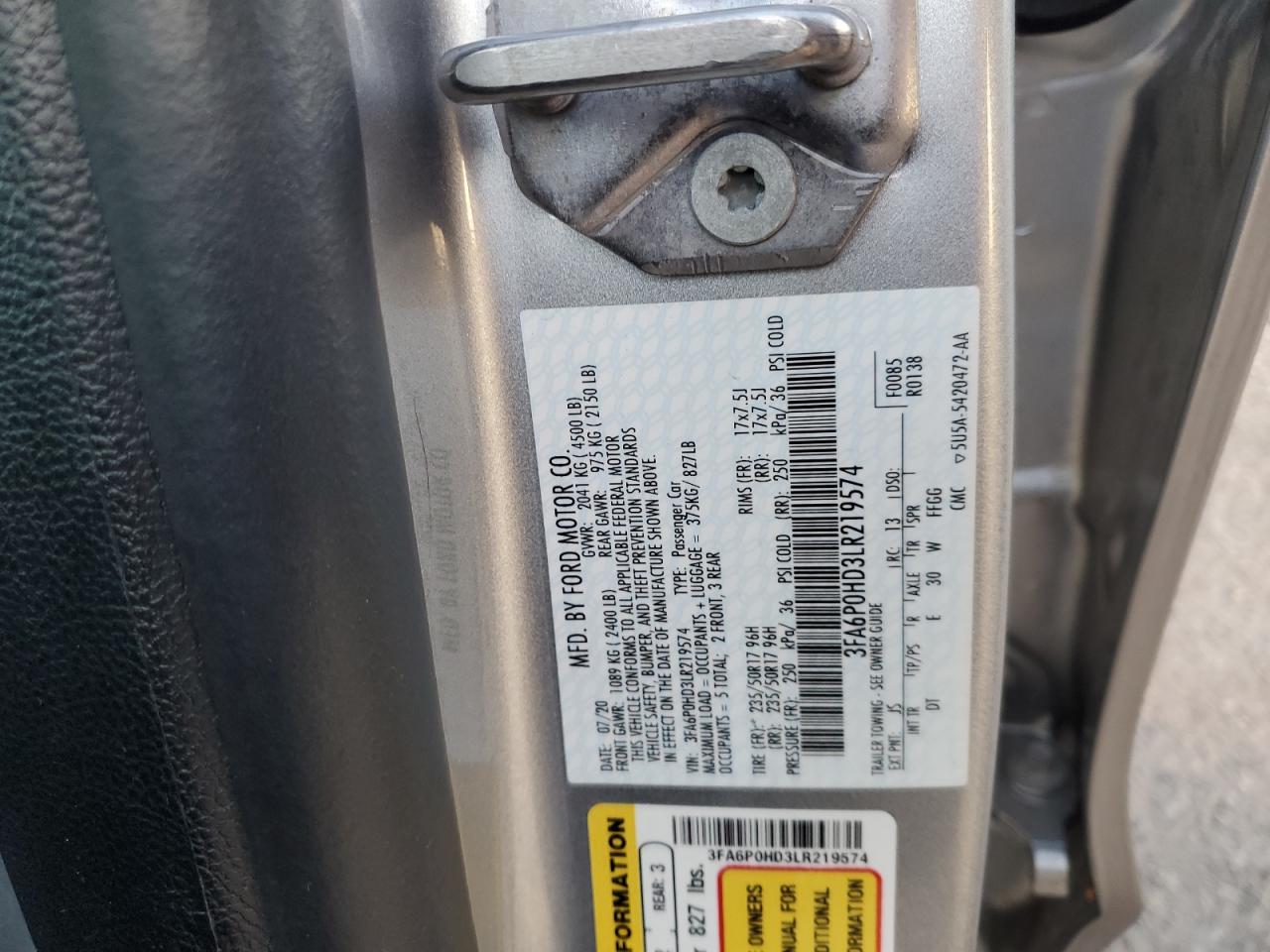 2020 Ford Fusion Se VIN: 3FA6P0HD3LR219574 Lot: 86623805