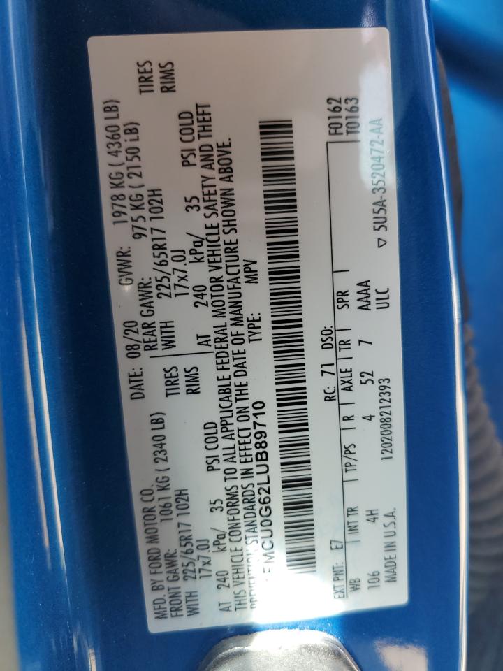 2020 Ford Escape Se VIN: 1FMCU0G62LUB89710 Lot: 84646005