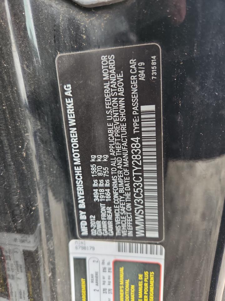 2012 Mini Cooper S VIN: WMWSV3C53CTY28384 Lot: 85007695