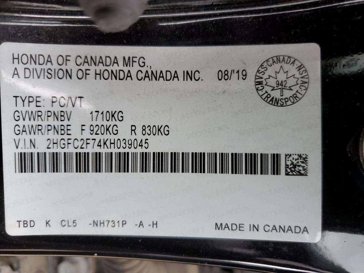 2019 Honda Civic Ex VIN: 2HGFC2F74KH039045 Lot: 85326055