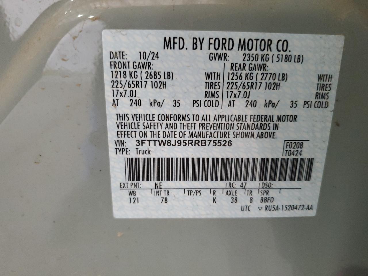 2024 Ford Maverick Xlt VIN: 3FTTW8J95RRB75526 Lot: 85160895