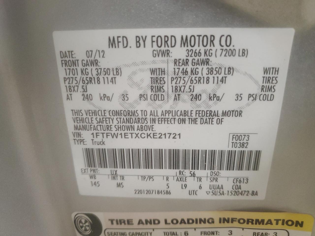 2012 Ford F150 Supercrew VIN: 1FTFW1ETXCKE21721 Lot: 86837425