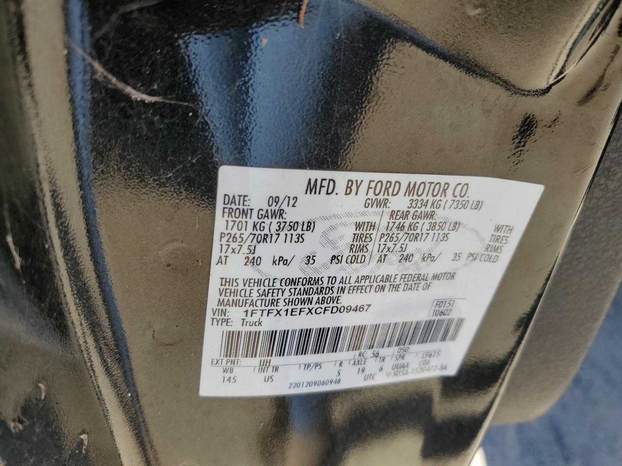 2012 Ford F150 Super Cab VIN: 1FTFX1EFXCFD09467 Lot: 85276035