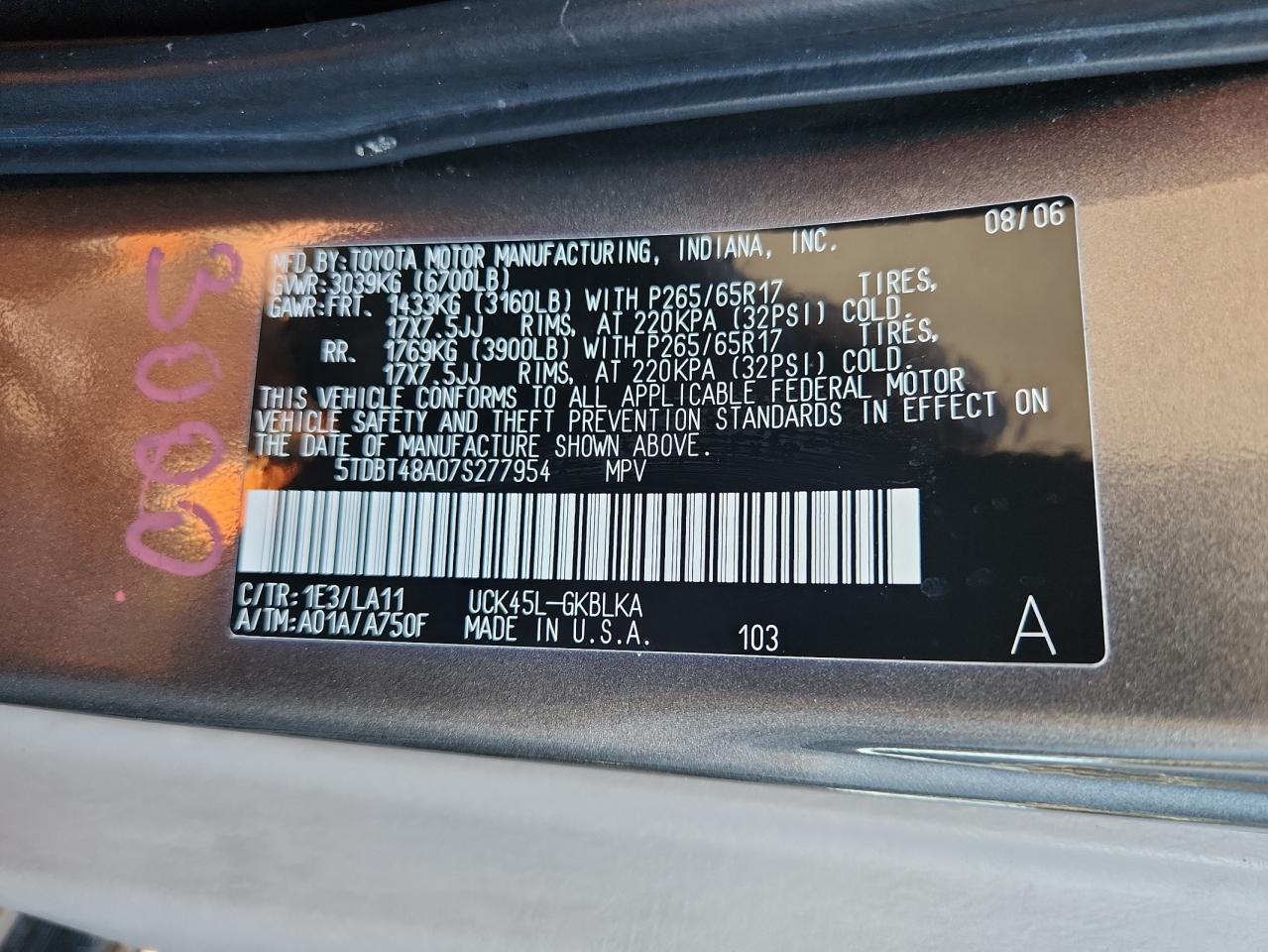 2007 Toyota Sequoia Limited VIN: 5TDBT48A07S277954 Lot: 90129265