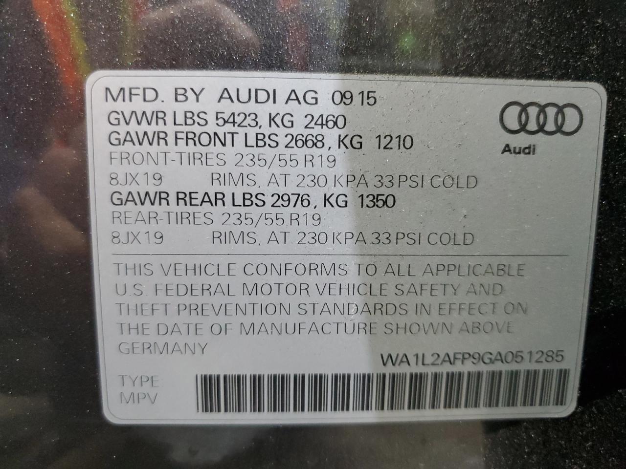 2016 Audi Q5 Premium Plus VIN: WA1L2AFP9GA051285 Lot: 89806025