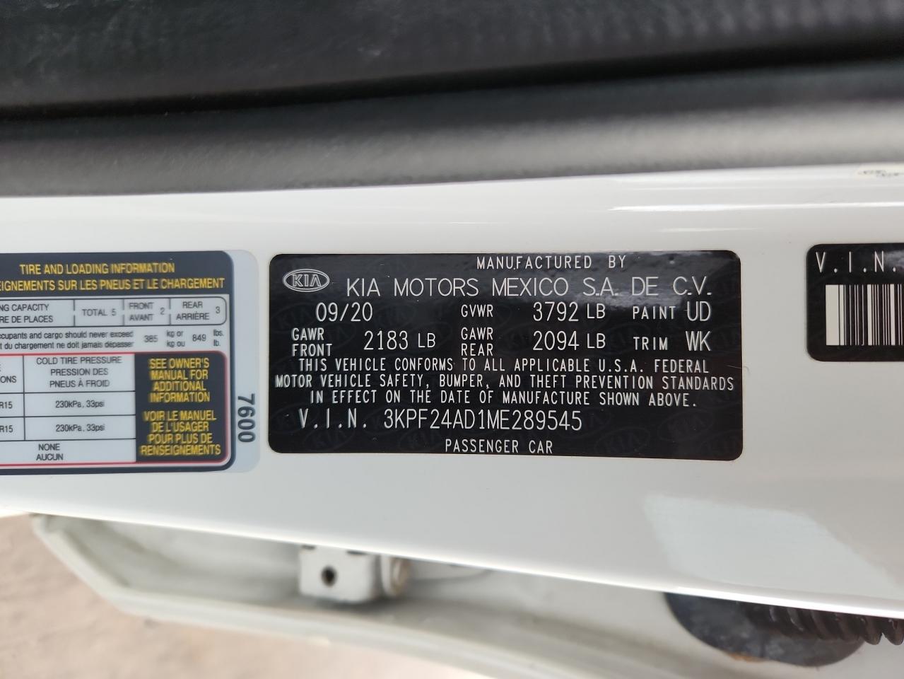 2021 Kia Forte Fe VIN: 3KPF24AD1ME289545 Lot: 89652425