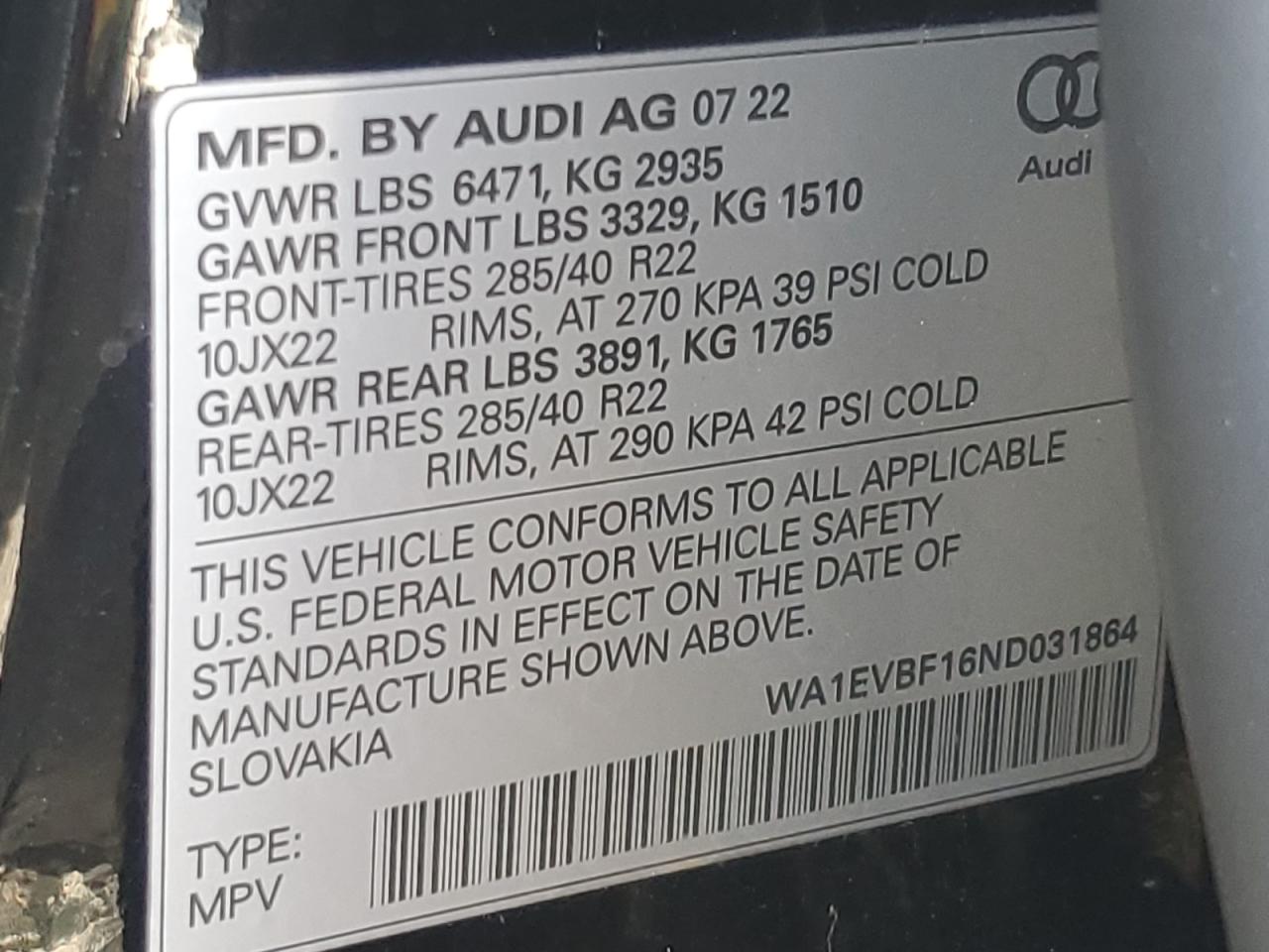 2022 Audi Q8 Premium Plus S-Line VIN: WA1EVBF16ND031864 Lot: 86602525