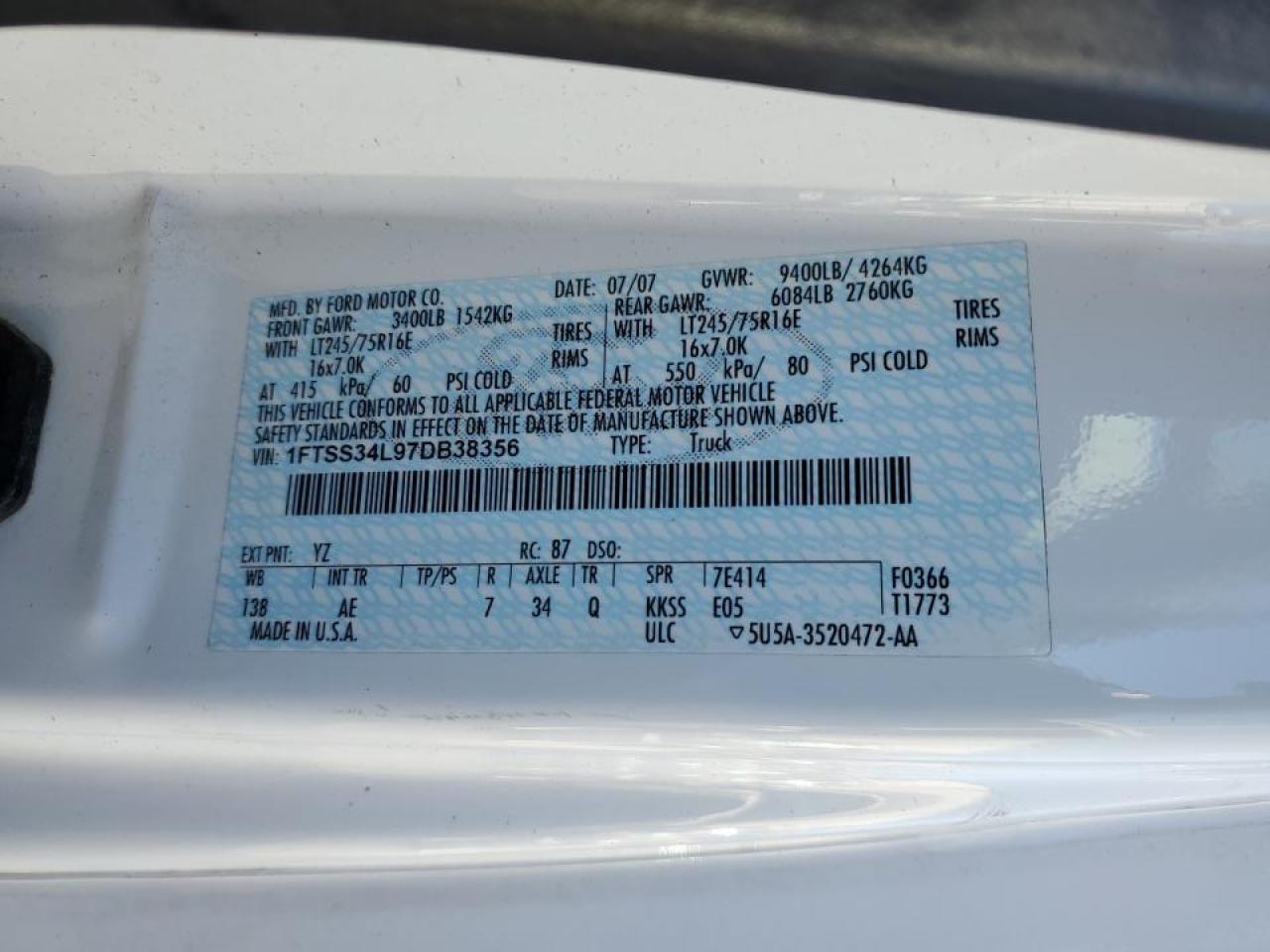 2007 Ford E-350 Delivery Van VIN: 1FTSS34L97DB38356 Lot: 86434465