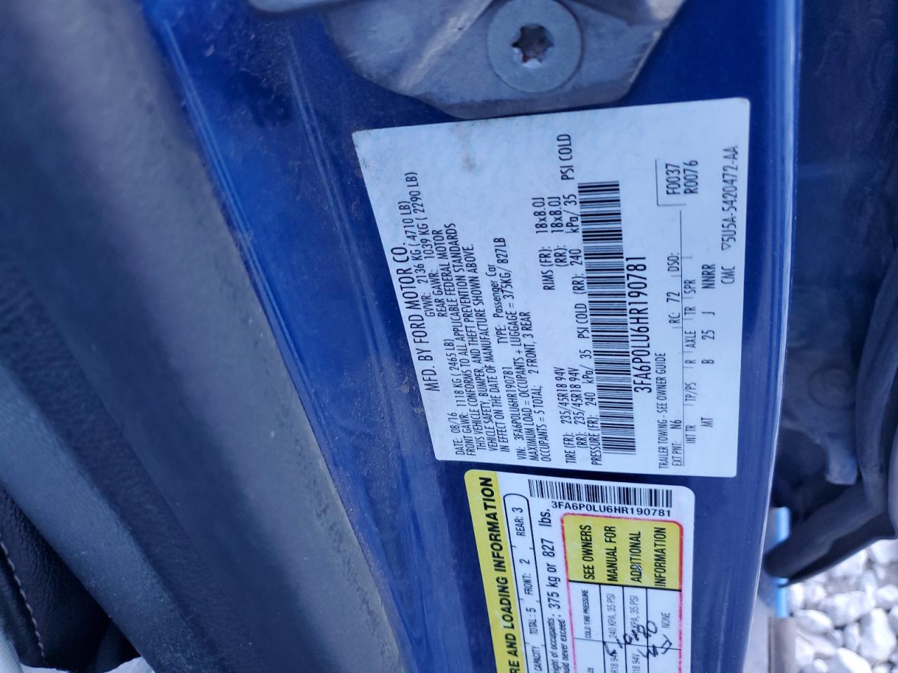 2017 Ford Fusion Se Hybrid VIN: 3FA6P0LU6HR190781 Lot: 85506795