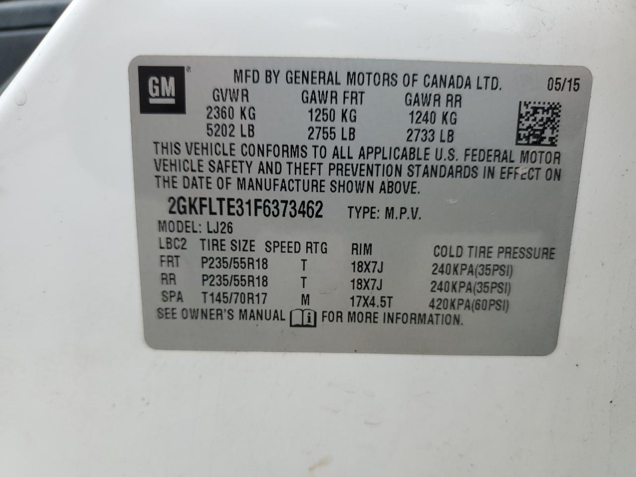 2015 GMC Terrain Slt VIN: 2GKFLTE31F6373462 Lot: 85179945