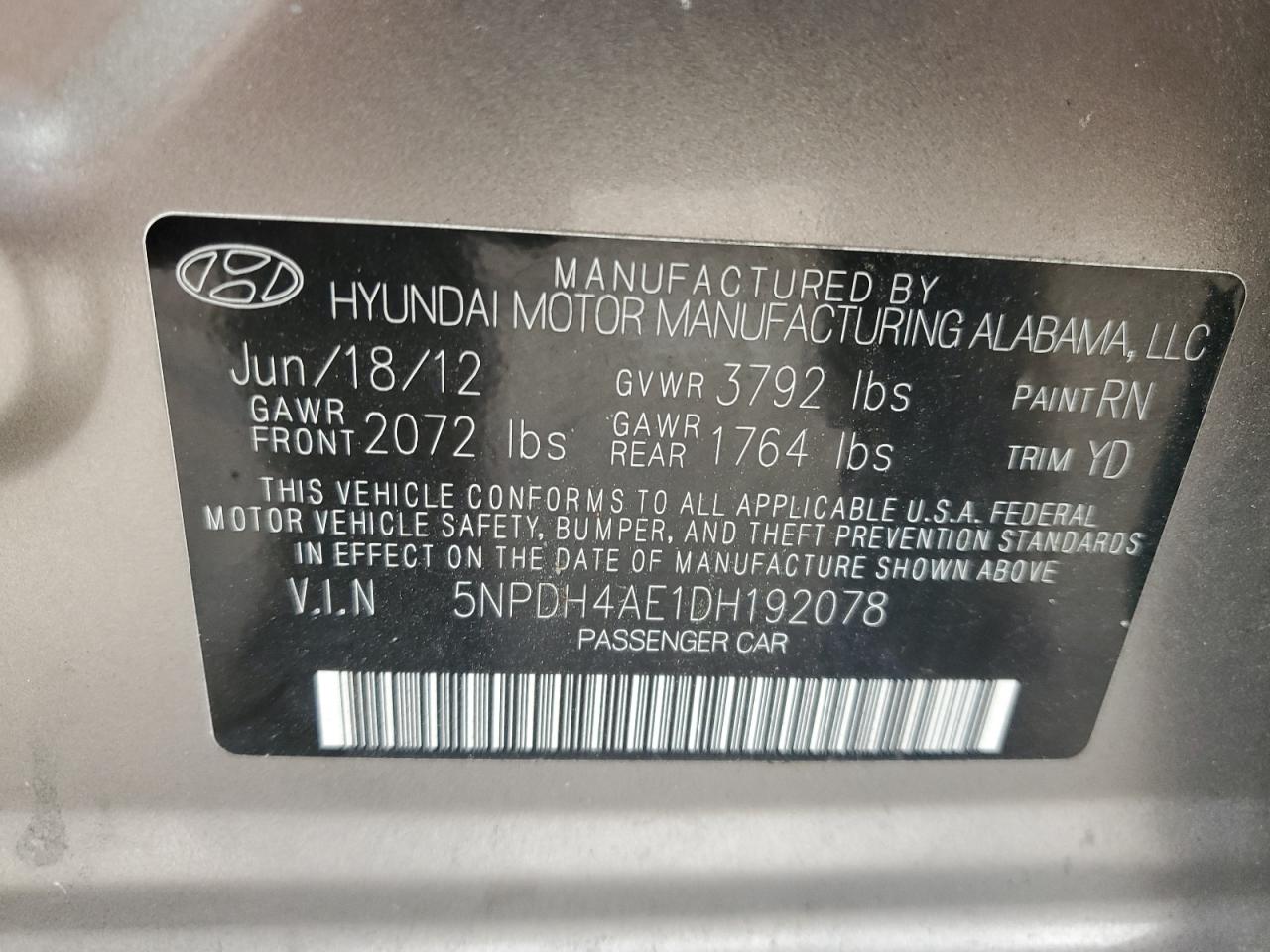 2013 Hyundai Elantra Gls VIN: 5NPDH4AE1DH192078 Lot: 85904695