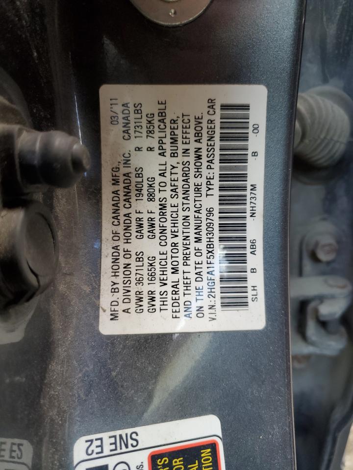 2011 Honda Civic Lx VIN: 2HGFA1F5XBH309796 Lot: 85012605