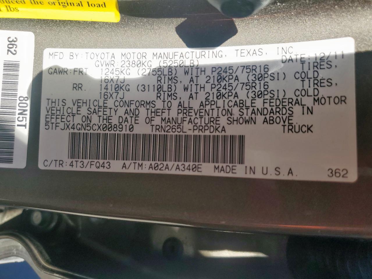 2012 Toyota Tacoma Double Cab VIN: 5TFJX4GN5CX008910 Lot: 85947725