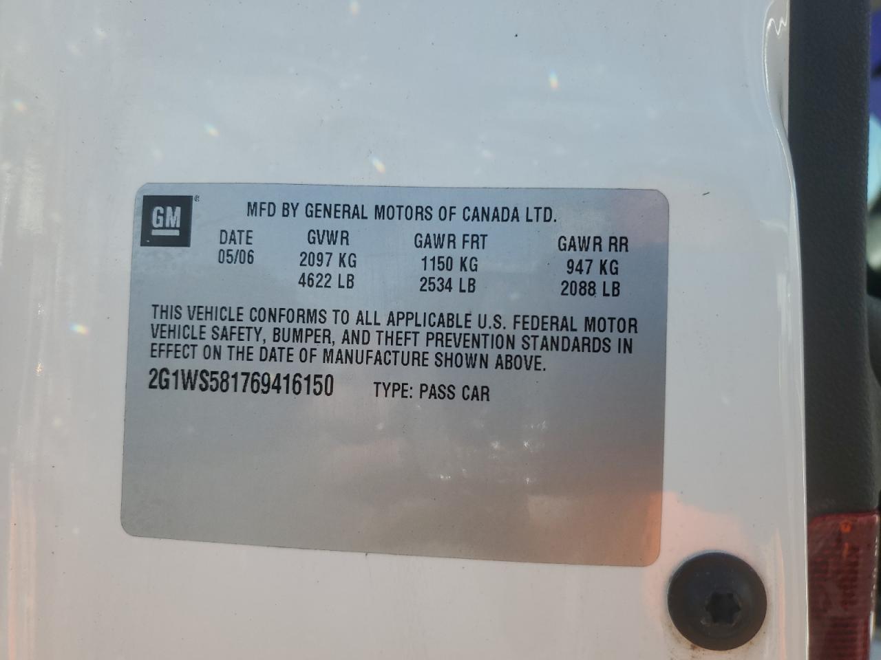 2006 Chevrolet Impala Police VIN: 2G1WS581769416150 Lot: 84885515