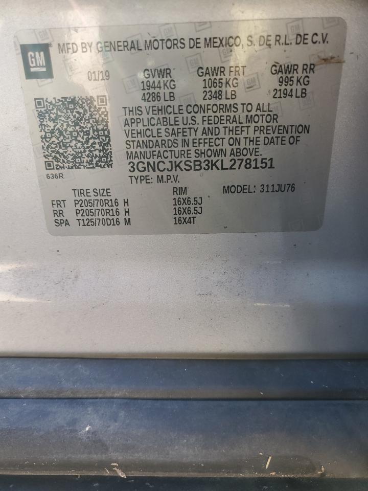 2019 Chevrolet Trax Ls VIN: 3GNCJKSB3KL278151 Lot: 90344415