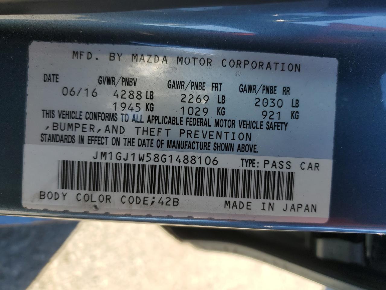 2016 Mazda 6 Grand Touring VIN: JM1GJ1W58G1488106 Lot: 86868685