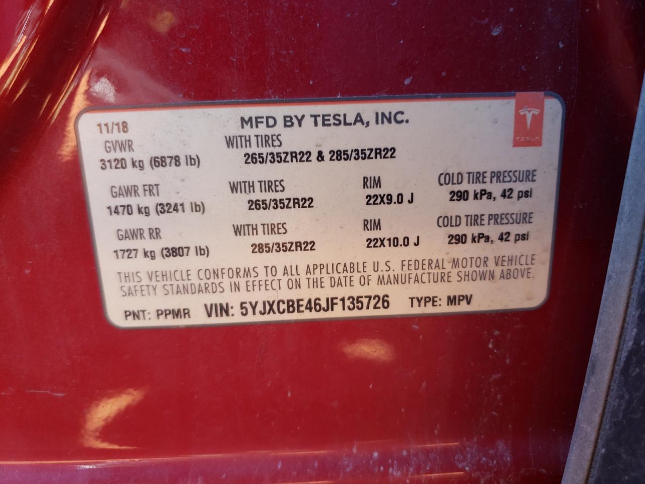 2018 Tesla Model X VIN: 5YJXCBE46JF135726 Lot: 94109225