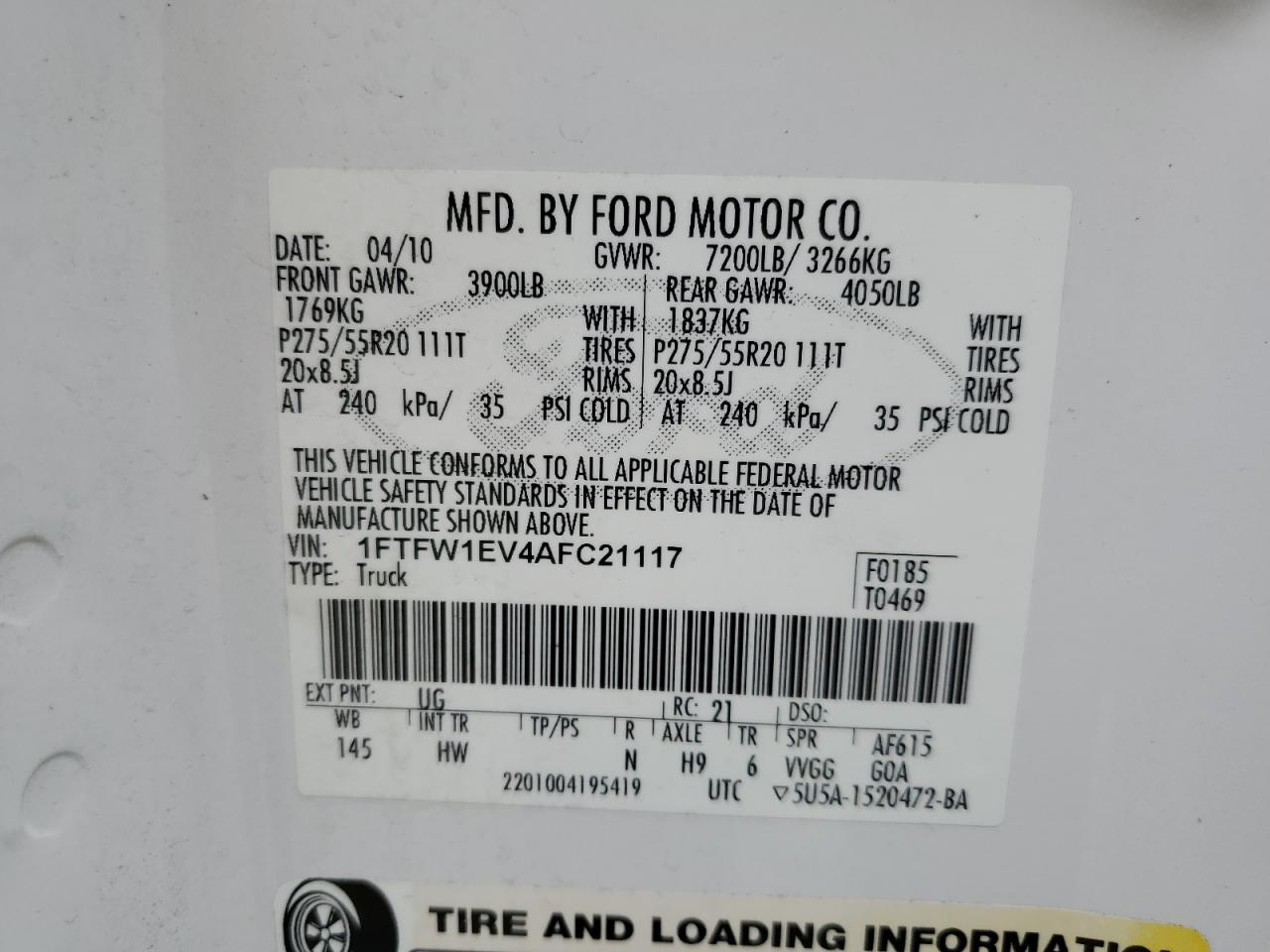 2010 Ford F150 Supercrew VIN: 1FTFW1EV4AFC21117 Lot: 90336735