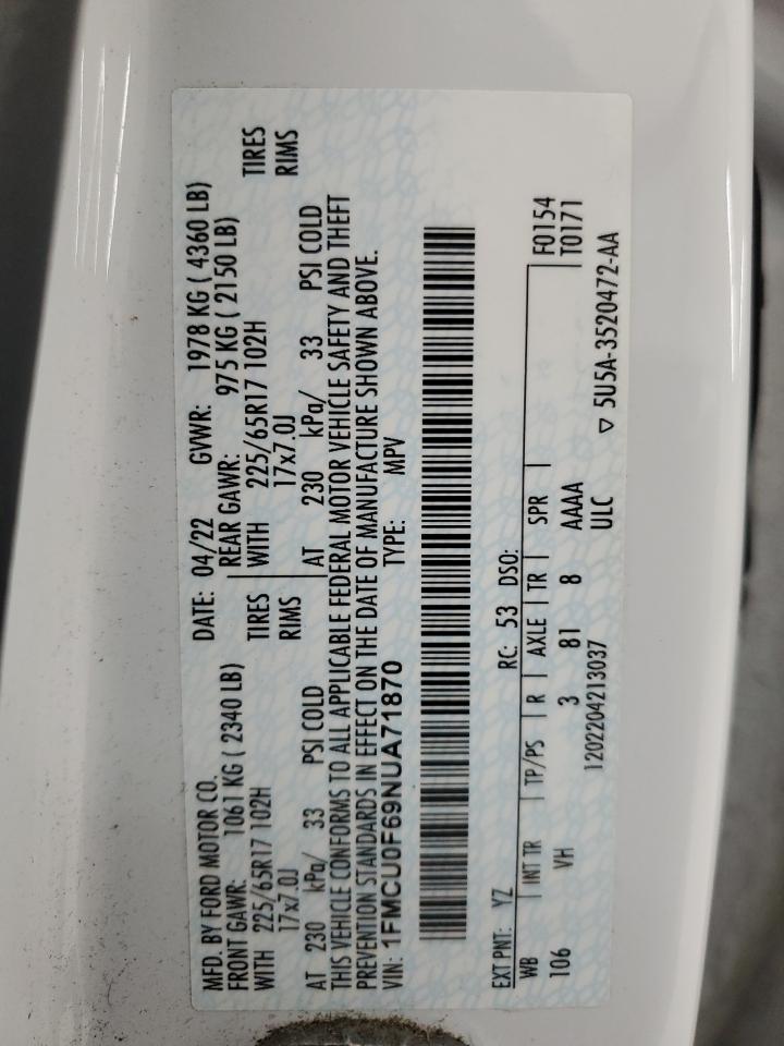 2022 Ford Escape S VIN: 1FMCU0F69NUA71870 Lot: 85283195