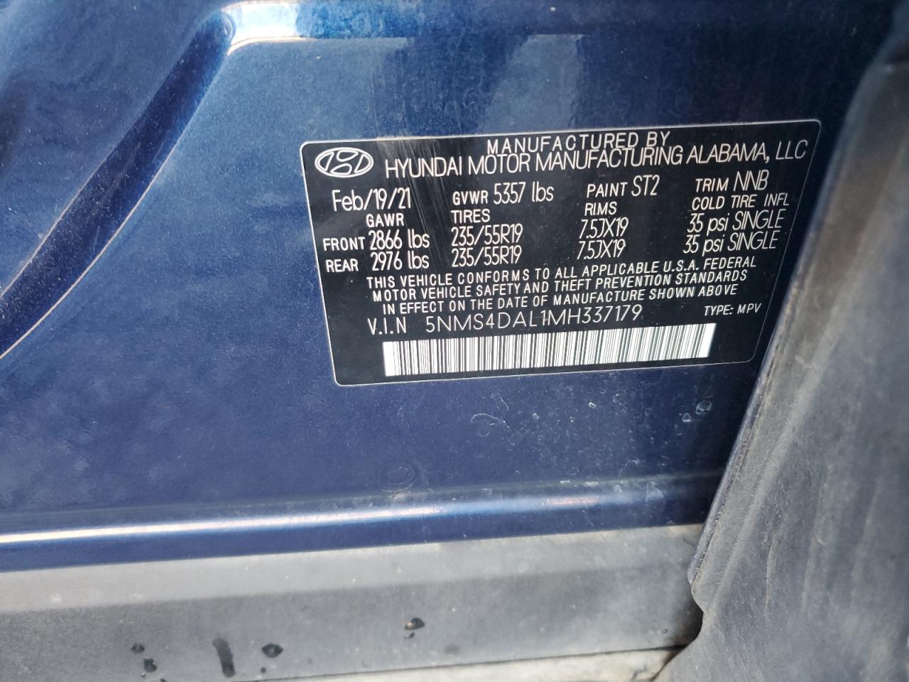 2021 Hyundai Santa Fe Limited VIN: 5NMS4DAL1MH337179 Lot: 87451555