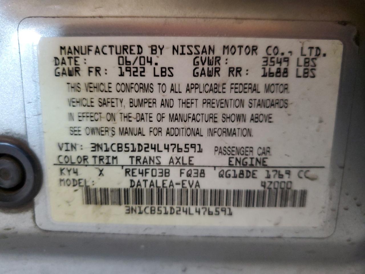 2004 Nissan Sentra 1.8 VIN: 3N1CB51D24L476591 Lot: 85352425