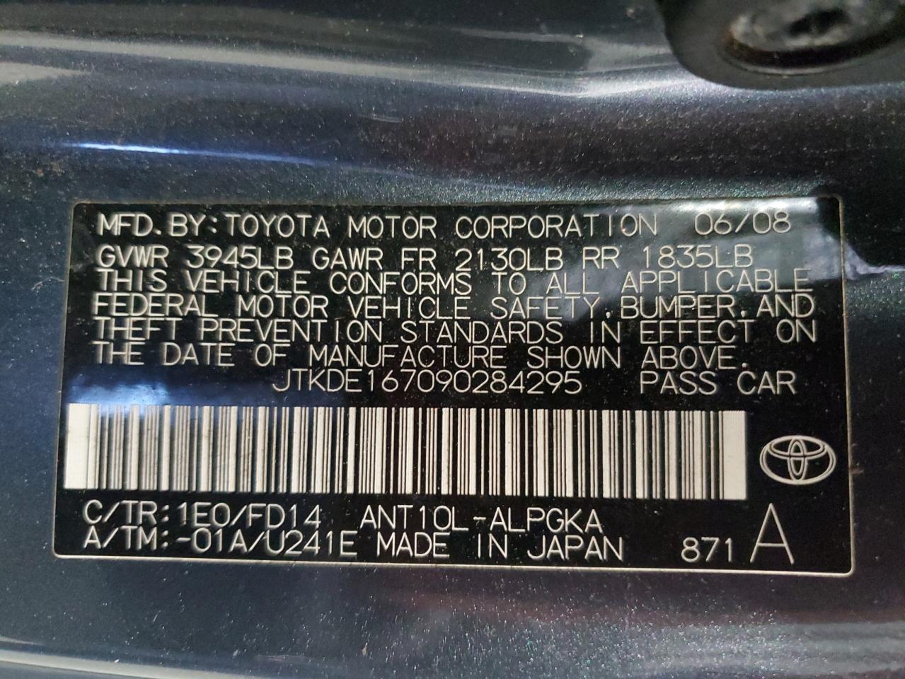 2009 Toyota Corolla Matrix VIN: JTKDE167090284295 Lot: 85654935