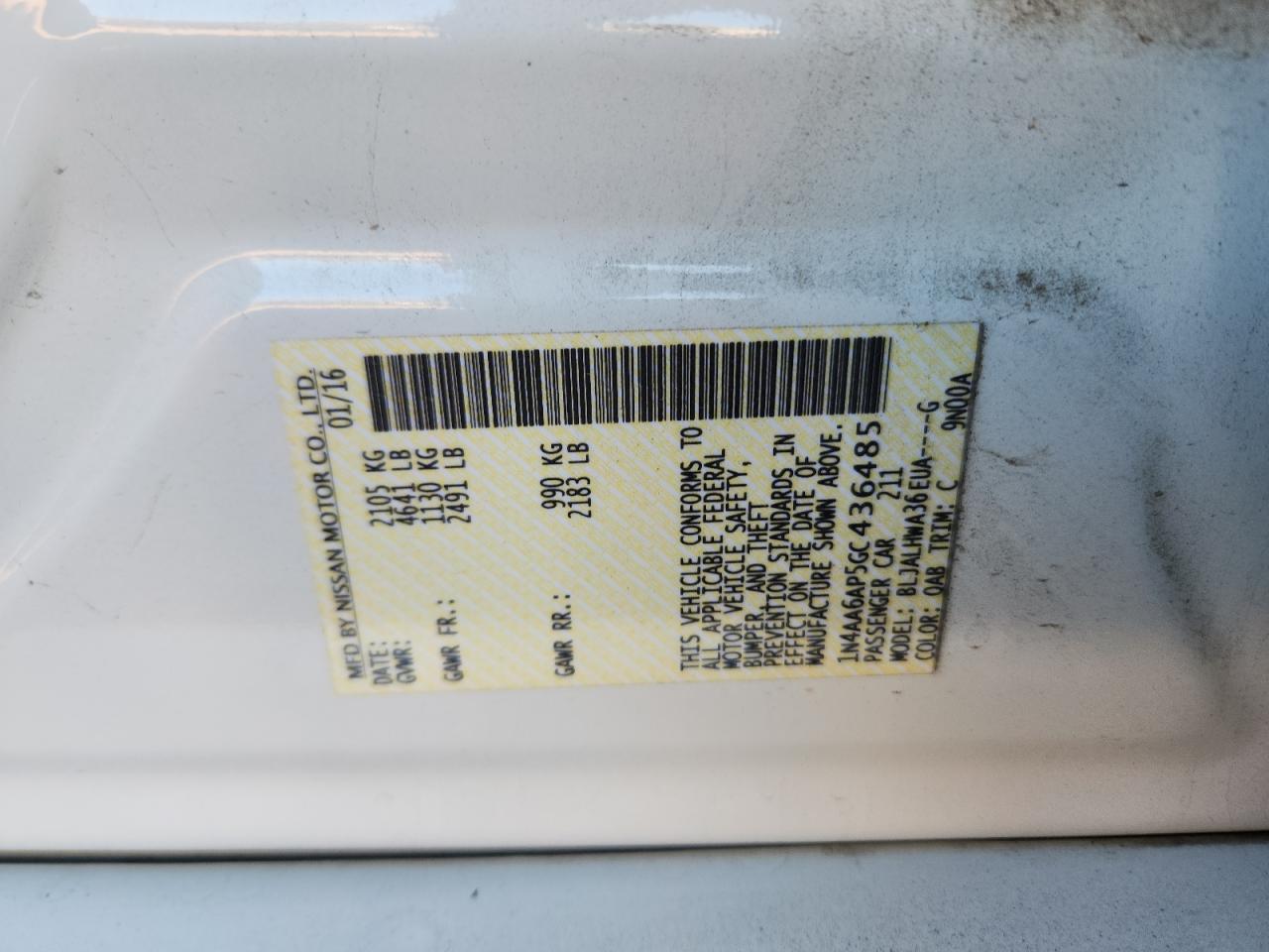 2016 Nissan Maxima 3.5S VIN: 1N4AA6AP5GC436485 Lot: 84781785