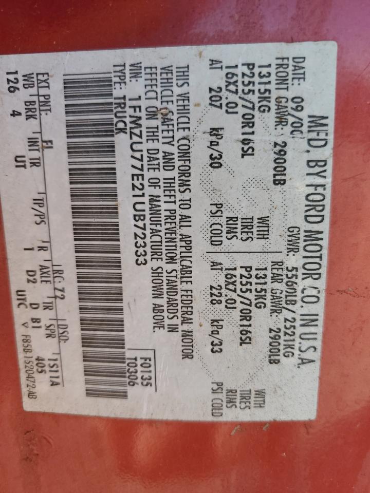 2001 Ford Explorer Sport Trac VIN: 1FMZU77E21UB72333 Lot: 86147795